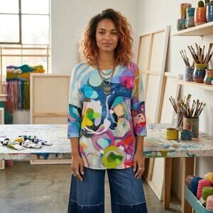 Claire Dejardins Multi Color Abstract Print Knit 3/4 Sleeve top Medium